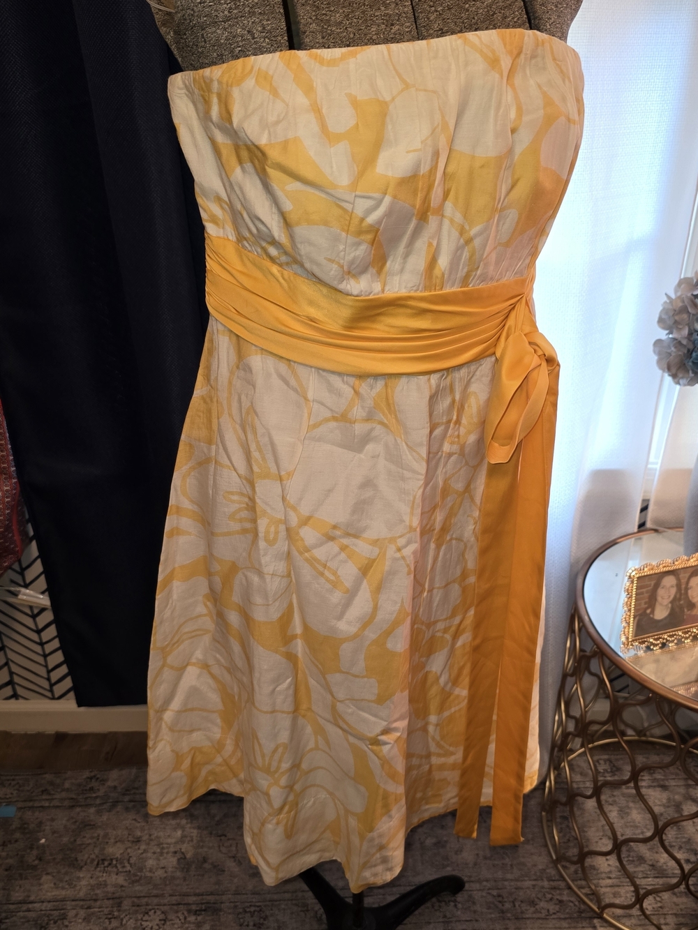 The Limited Yellow and White Strapless Floral Sundress with Sash